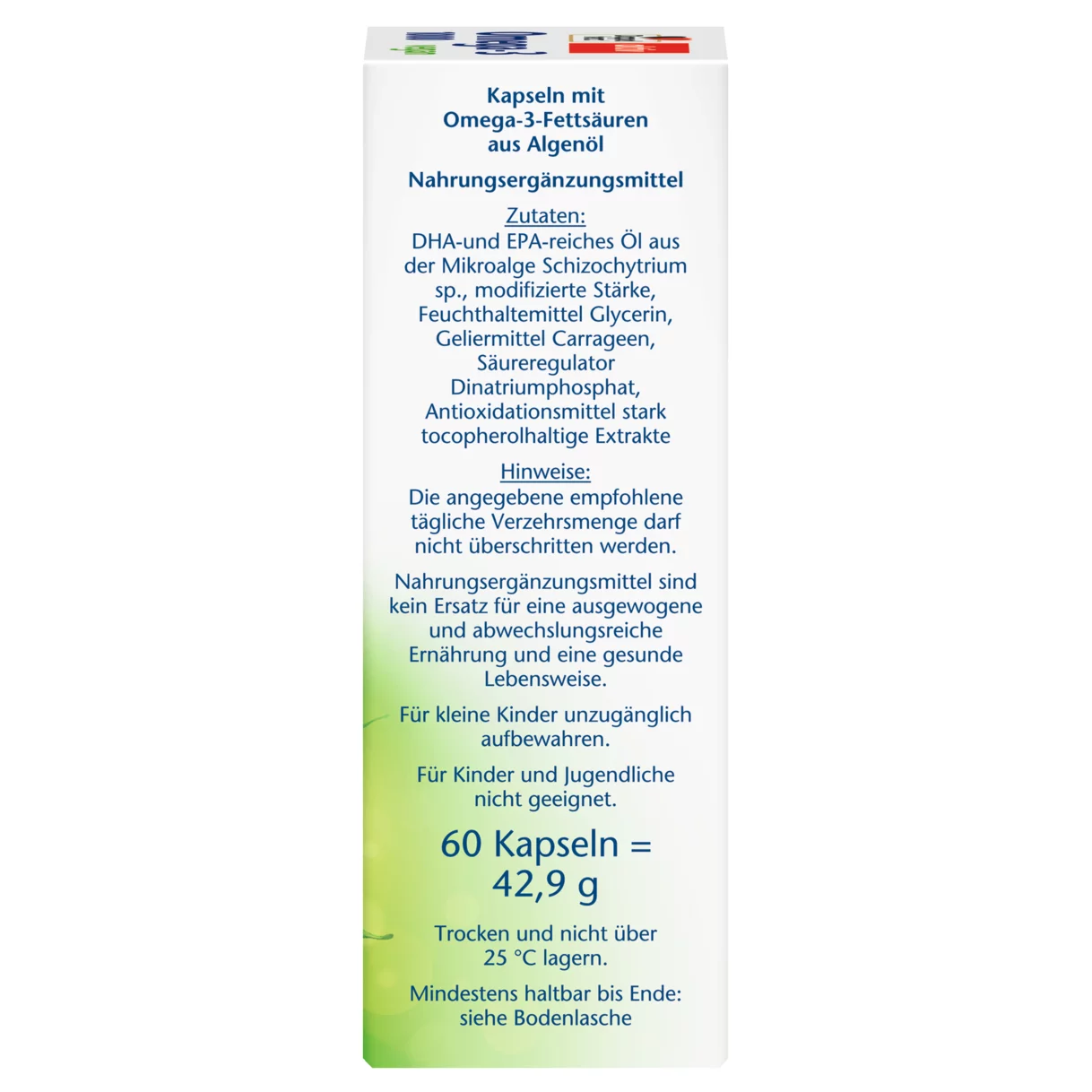 Abbildung der Produktverpackung Doppelherz aktiv Omega-3 1000 vegan Seitenansicht rechts